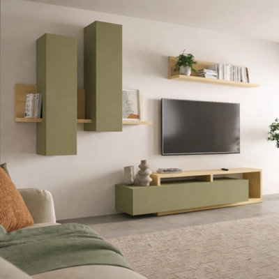 Arte Bota Entertainment Unit For Tvs Up To 75" In Oak Lindberg & EucalyptusModular Led-Lit Tv Wall With Cabinets & Shelf from B&Q
