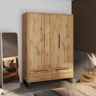 Arte Halle Hinged Door Wardrobe 145Cm Oak Wotan & Black3-Door Bedroom Wardrobe With ShelvesRail & Drawers from B&Q