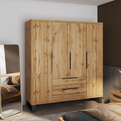 Arte Halle Hinged Door Wardrobe 191Cm Oak Wotan & Black4-Door Bedroom Wardrobe With Dual RailsShelves & Drawers from B&Q