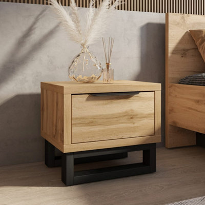 Arte Halle Bedside Table 55Cm Oak Wotan & BlackModern Bedroom Nightstand With Drawer & Black Handle from B&Q