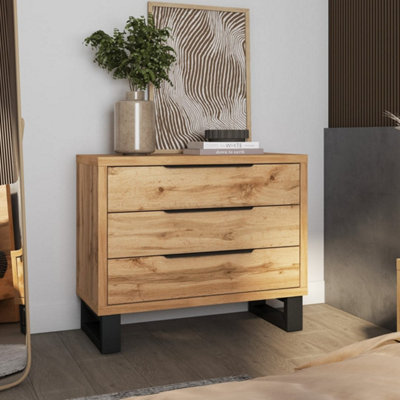 Arte Halle Chest Of Drawers 99Cm Oak Wotan & BlackModern 3-Drawer Bedroom Chest With Sleek Black Handles from B&Q