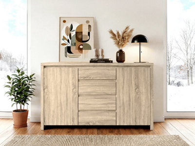 B&Q -  Kaspian 144Cm Sideboard In Sonoma OakModern 2 Door 4 Drawer Storage Cabinet