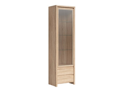 B&Q -  Kaspian 56Cm Tall Glass Display Cabinet In Sonoma OakSlim Showcase With 2 Drawers