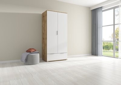 Arte Zele 90 Cm 2 Door Wardrobe With Drawer Oak Wotan White Gloss from B&Q