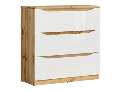 Arte Nuis 90 Cm Chest 3 Drawer Oak Wotan White Gloss from B&Q