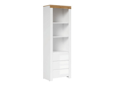 B&Q -  Holten Bookcase 68Cm White Gloss Shelving Unit With 3 Drawers And Oak Effect Top