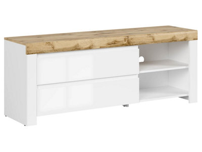 B&Q -  Holten Tv Unit 156Cm White Gloss Tv Stand With 2 DrawersOpen Shelves And Oak Effect Top