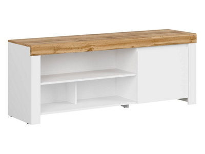 B&Q -  Holten Tv Unit 156Cm White Gloss Tv Cabinet With DoorOpen Shelves And Oak Effect Top