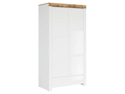 B&Q -  Holten 2 Door Wardrobe 106Cm White Gloss With DrawerHanging Rail And Oak Effect Top