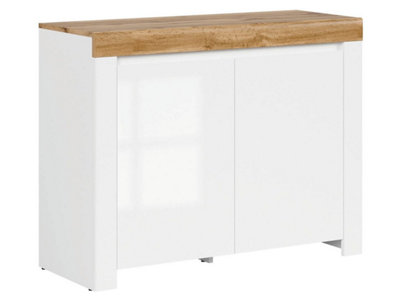 B&Q -  Holten Sideboard Cabinet 106Cm White Gloss With 2 Doors And Oak Effect Top