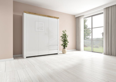 B&Q -  Holten 3 Door Wardrobe 181Cm White Gloss With DrawersShelves And Oak Effect Top