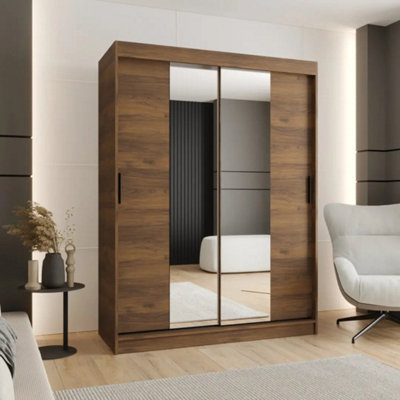 Arte Rubino T1 Sliding Mirrored Door Wardrobe 150Cm Oak Walnut Bedroom Storage