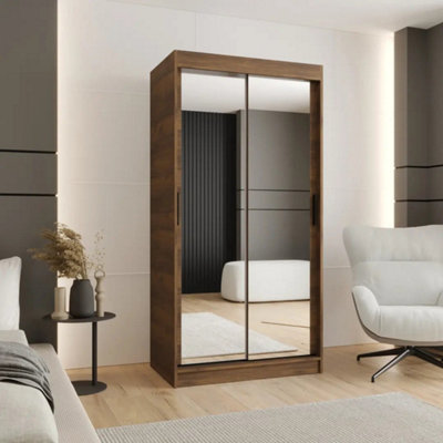 Arte Rubino T3 Compact Oak Walnut Mirrored Sliding Wardrobe 100Cm