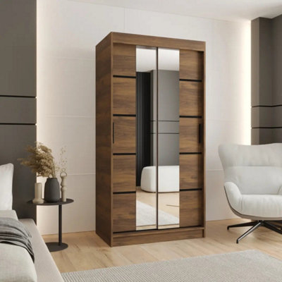 Arte Rubino V4 Oak Walnut Sliding Wardrobe 100Cm With Half Mirror Panels