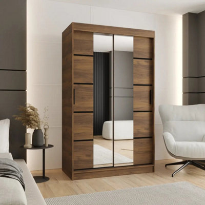 Arte Rubino V4 Oak Walnut 120Cm Sliding Wardrobe With Twin Half Mirrors