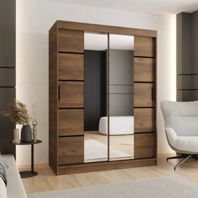 Arte Rubino V4 Oak Walnut Sliding Wardrobe 150Cm With Part Mirrored Doors