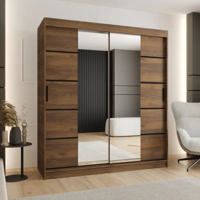 Arte Rubino V4 Oak Walnut Sliding Wardrobe 180Cm With Half Mirror Panels