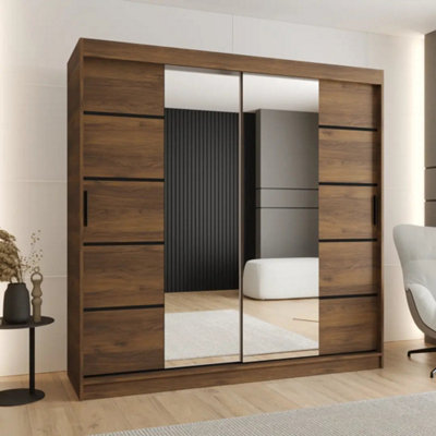 Arte Rubino V4 Oak Walnut 200Cm Sliding Wardrobe With Part Mirrored Front
