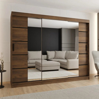 Arte Rubino V4 Oak Walnut Triple Sliding Wardrobe 250Cm With Mirror Panels