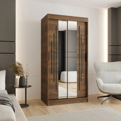 Arte Rubino Y1 Oak Walnut Sliding Wardrobe 100Cm With Part Mirror Doors