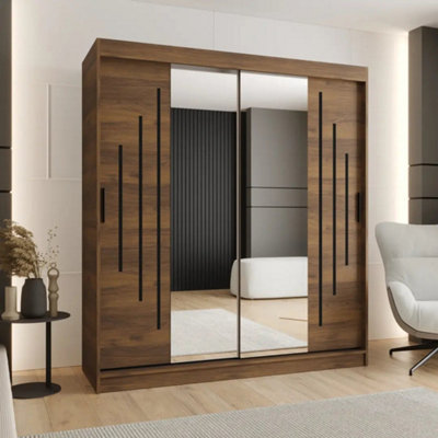 Arte Rubino Y1 Oak Walnut 180Cm Sliding Wardrobe With Partial Mirrors