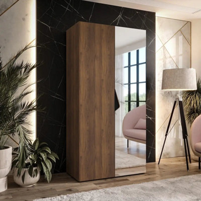 Arte Sandi Ii 100Cm Oak Walnut Hinged Wardrobe With Full Mirror Door