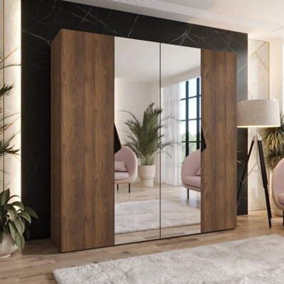 Arte Sandi Ii 200Cm Oak Walnut Hinged Wardrobe With Twin Full Mirrors