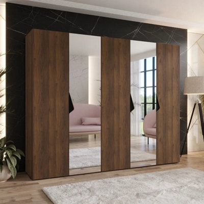 Arte Sandi Ii 250Cm Oak Walnut Hinged Wardrobe With Mirrored Panel Storage
