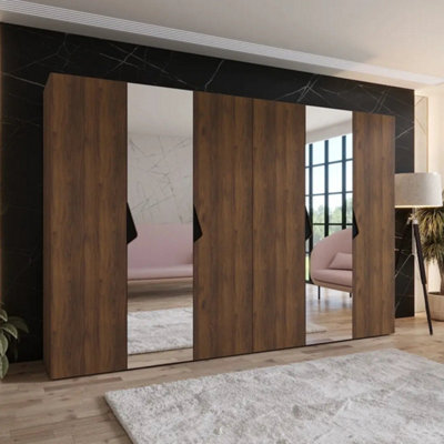 Arte Sandi Ii 300Cm Oak Walnut Hinged Wardrobe With Wide Mirrored Storage