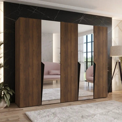 Arte Piano Ii 250Cm Oak Walnut Hinged Wardrobe With Mirrored Door Pair
