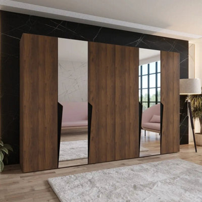 Arte Piano Ii 300Cm Oak Walnut Hinged Wardrobe With Double Mirror Doors