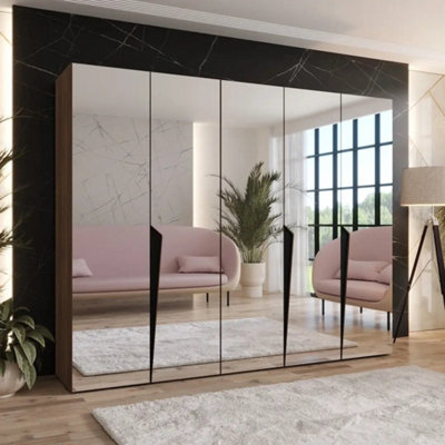 Arte Piano Iii 250Cm Oak Walnut Five Door Fully Mirrored Wardrobe