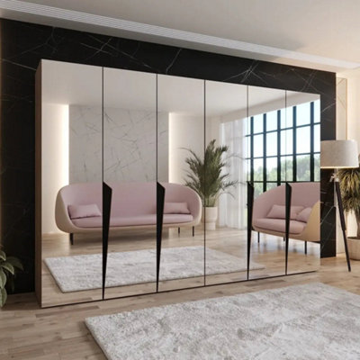 Arte Piano Iii 300Cm Oak Walnut Six Door Fully Mirrored Wardrobe