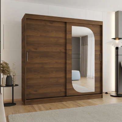 Arte Lucy 200Cm Oak Walnut Sliding Wardrobe With Curved Mirror And Shelves
