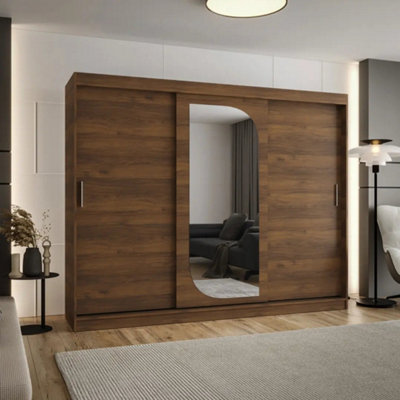 Arte Lucy 250Cm Oak Walnut 3 Door Sliding Wardrobe With Mirror Panel