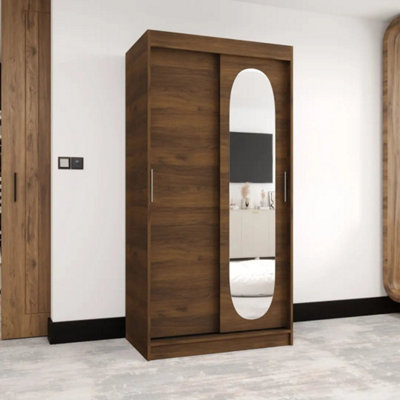 Arte Royal Sliding Door Wardrobe 100Cm Oak Walnut With Curved Mirror Panel