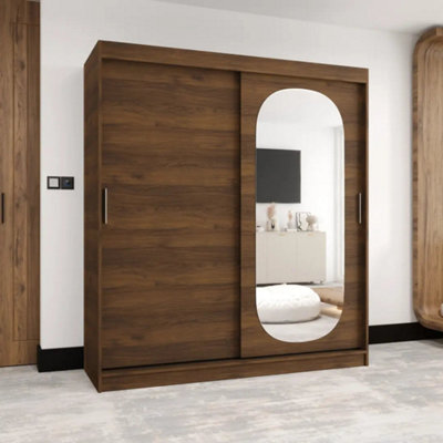 Arte Royal 180Cm Oak Walnut Sliding Wardrobe With Curved Mirrored Door Panel