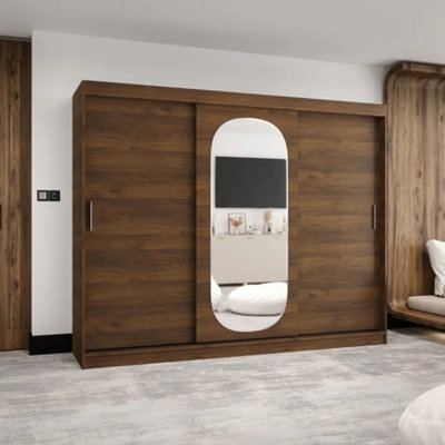 Arte Royal 250Cm Triple Sliding Wardrobe Oak Walnut With Central Mirror Panel