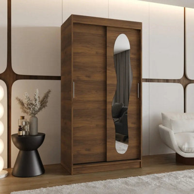 Arte Ultra 100Cm Oak Walnut Sliding Wardrobe With Sculpted Mirror Panel