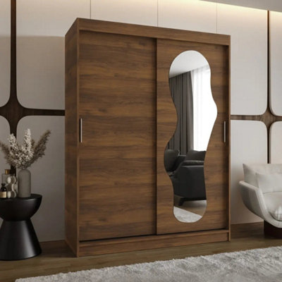 Arte Ultra 150Cm Oak Walnut Sliding Wardrobe With Curved Mirror Panel And Shelves