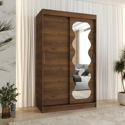 Arte Spoti 120Cm Oak Walnut Sliding Wardrobe With Curved Mirror Panel