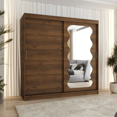 Arte Spoti Oak Walnut Sliding Door Wardrobe 200Cm With Curved Mirror Panel