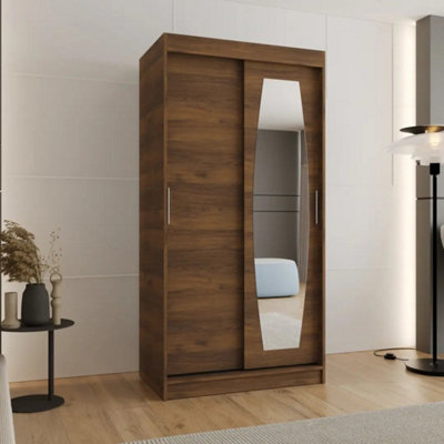 Arte Rossa 100Cm Oak Walnut Sliding Door Wardrobe With Shaped Mirror