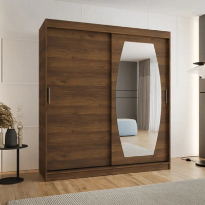 Arte Rossa Oak Walnut 180Cm Mirrored Sliding Wardrobe With Eight Shelves from B&Q