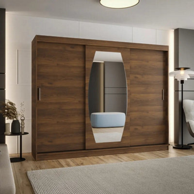 Arte Rossa 250Cm Oak Walnut Triple Sliding Wardrobe With Mirror Door