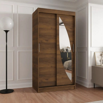 Arte Milo Compact 100Cm Oak Walnut Sliding Door Wardrobe With Curved Mirror