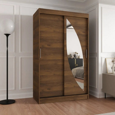 Arte Milo 120Cm Oak Walnut Sliding Door Wardrobe With Shaped Mirror Panel