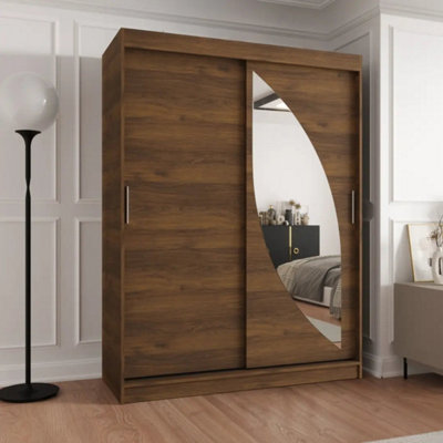 Arte Milo 150Cm Oak Walnut Sliding Mirrored Wardrobe With Rails And Shelves