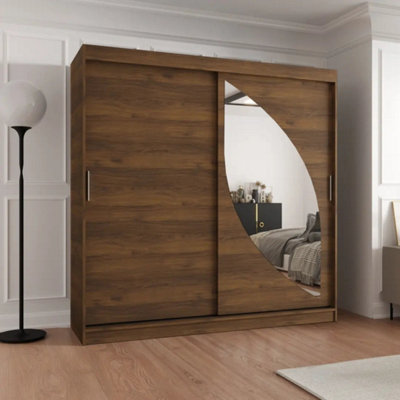 Arte Milo 200Cm Oak Walnut Sliding Wardrobe With Curved Mirror Storage