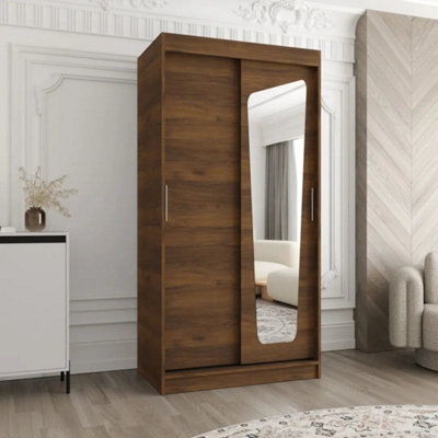 Arte Moka Space-Saver 100Cm Oak Walnut Sliding Wardrobe With Mirror Panel